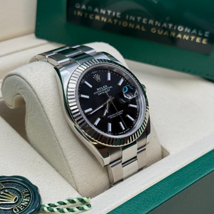 Cuero | Datejust 41 Bright Black Index Dial Stainless Steel Fluted Bezel Oyster Bracelet