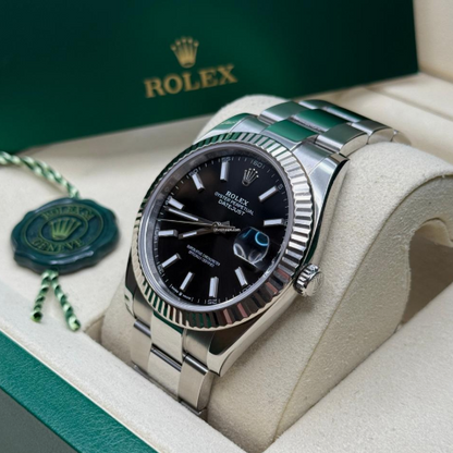 Cuero | Datejust 41 Bright Black Index Dial Stainless Steel Fluted Bezel Oyster Bracelet