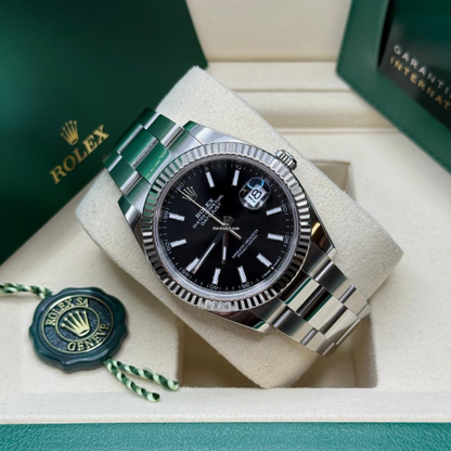 Cuero | Datejust 41 Bright Black Index Dial Stainless Steel Fluted Bezel Oyster Bracelet