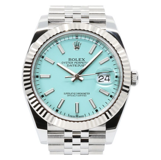 Cuero | Datejust 41 White Gold/Steel Custom Turquoise "Tiffany" Index Dial Fluted Bezel Jubilee Bracelet 126334