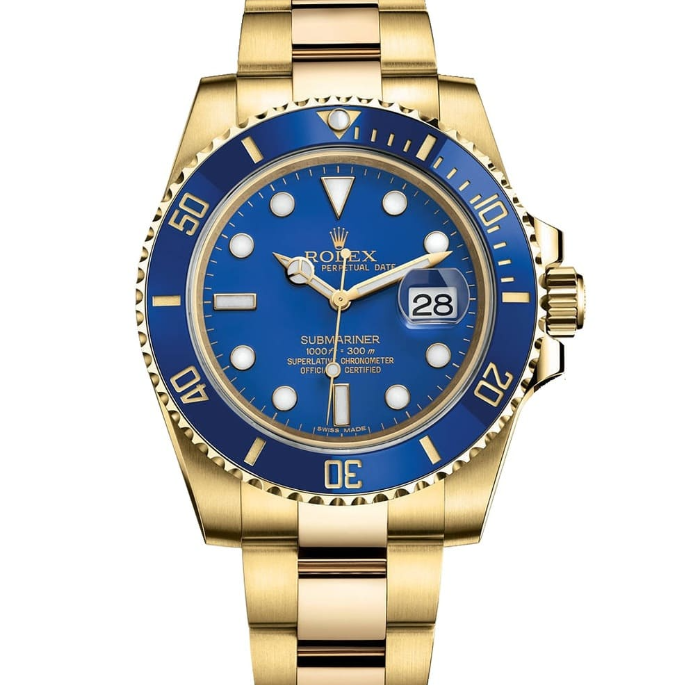 Cuero | OYSTER PERPETUAL SUBMARINER CERAMIC BEZEL WATCH BLUE WITH STAINLESS STEEL GOLD BELT