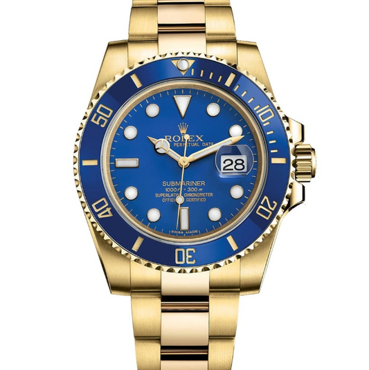 Cuero | OYSTER PERPETUAL SUBMARINER CERAMIC BEZEL WATCH BLUE WITH STAINLESS STEEL GOLD BELT
