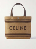 CELINE Cabas Mini Leather-Trimmed Logo-Embroidered Raffia Tote Bag