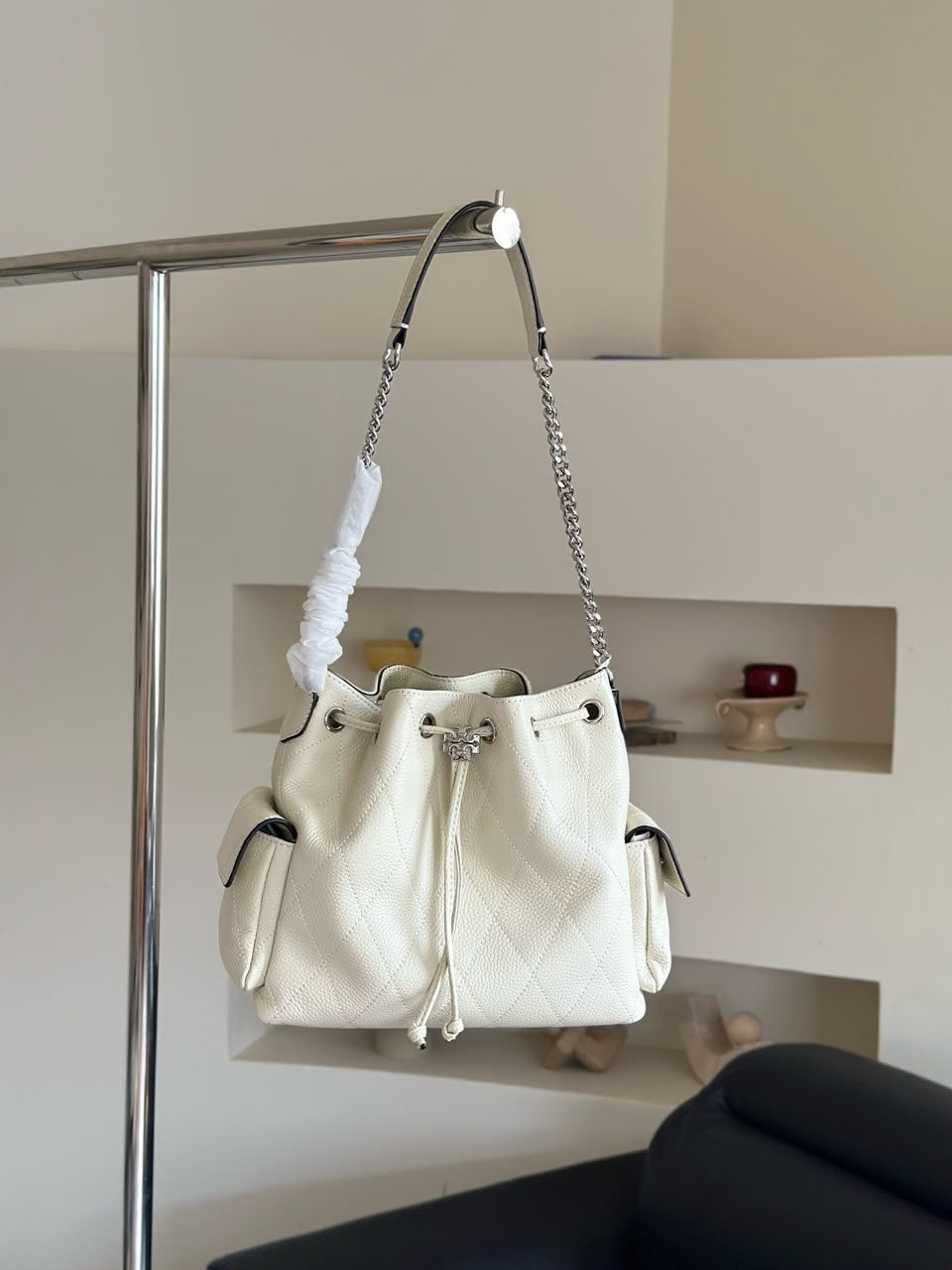 Tory Burch Perry Triple-Compartment Tote – White Pebbled Leather with Gold Hardware