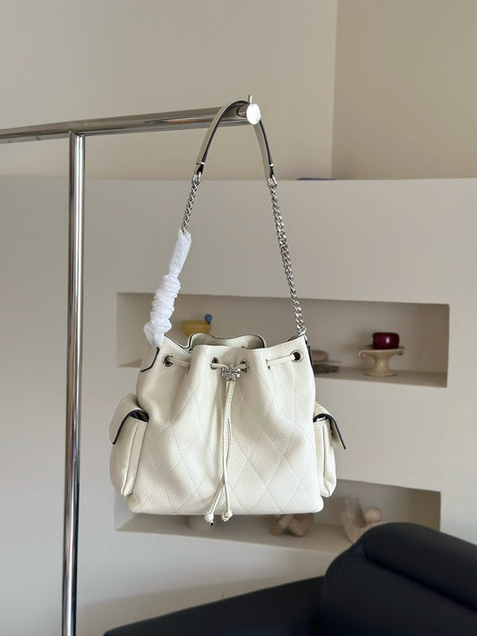 Tory Burch Perry Triple-Compartment Tote – White Pebbled Leather with Gold Hardware