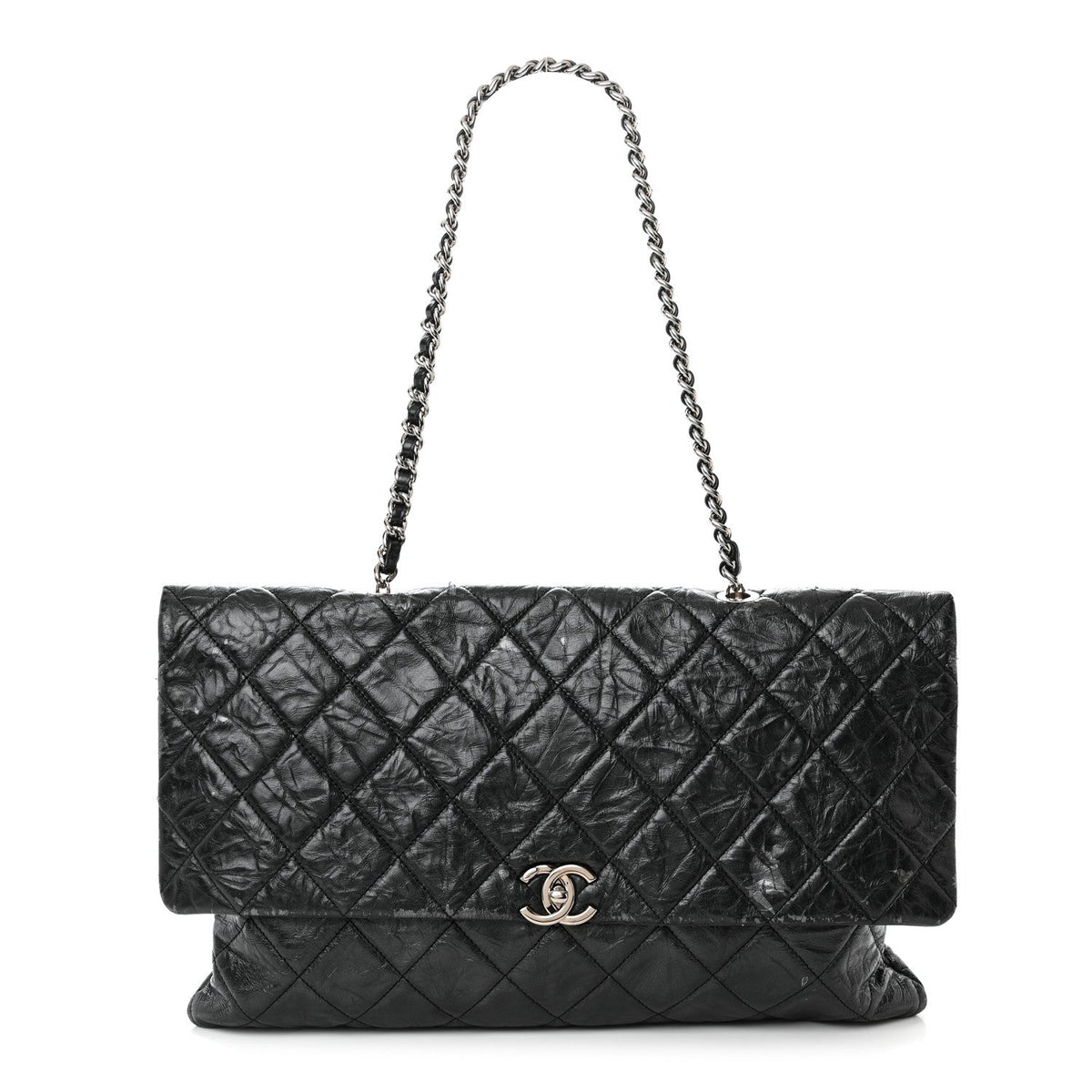 Cuero | Metallic Crumpled Calfskin Big Bang Large Flap Bag Black