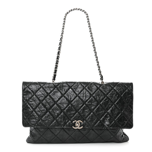 Cuero | Metallic Crumpled Calfskin Big Bang Large Flap Bag Black