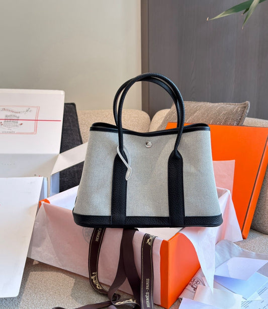 Hermes Garden Party Tote – Ecru Canvas with Black Leather