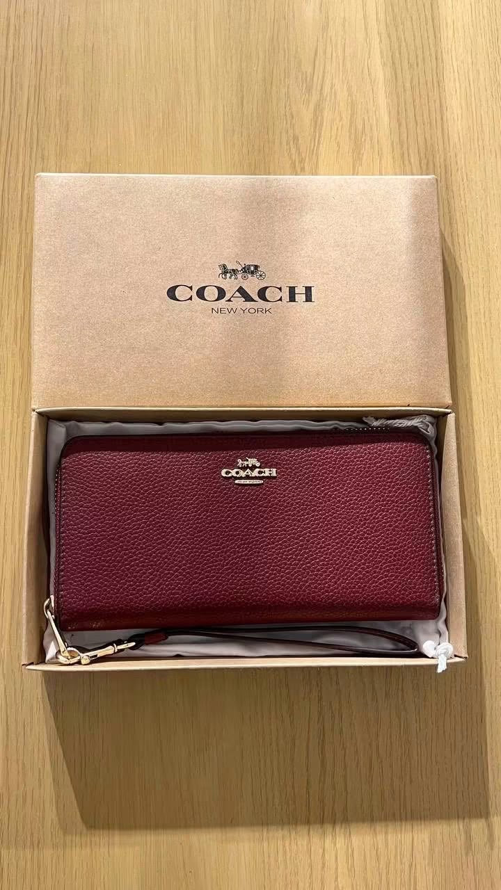 Coach Long Zip Wallet – Burgundy Leather with Gold Hardware