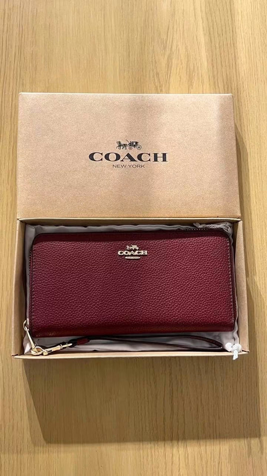 Coach Long Zip Wallet – Burgundy Leather with Gold Hardware