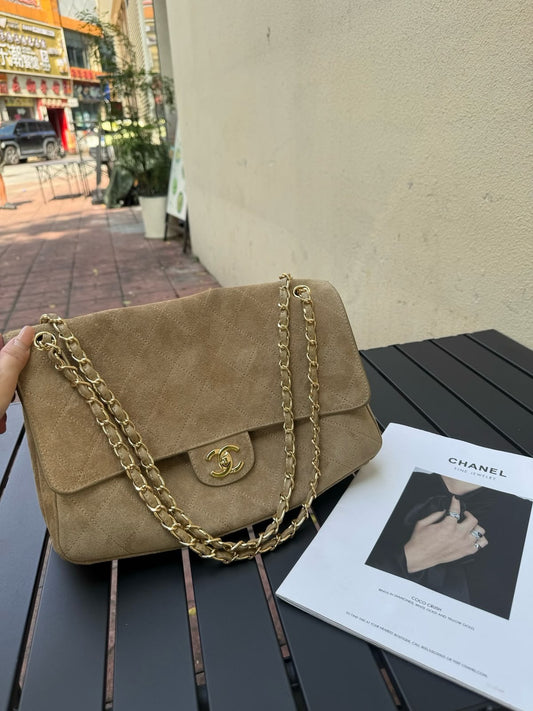Chanel Classic Flap Shoulder Bag – Beige Suede with Gold Hardware