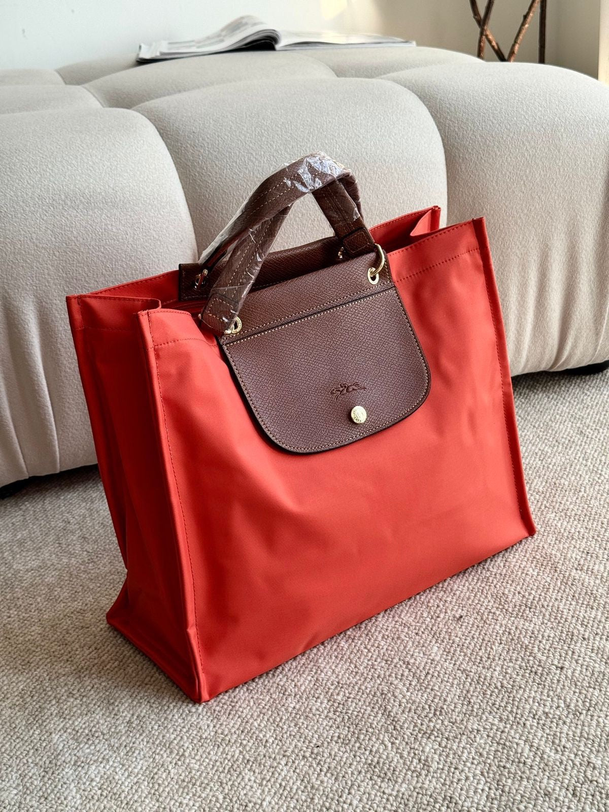 Longchamp Le Pliage Original Tote – Orange with Brown Leather