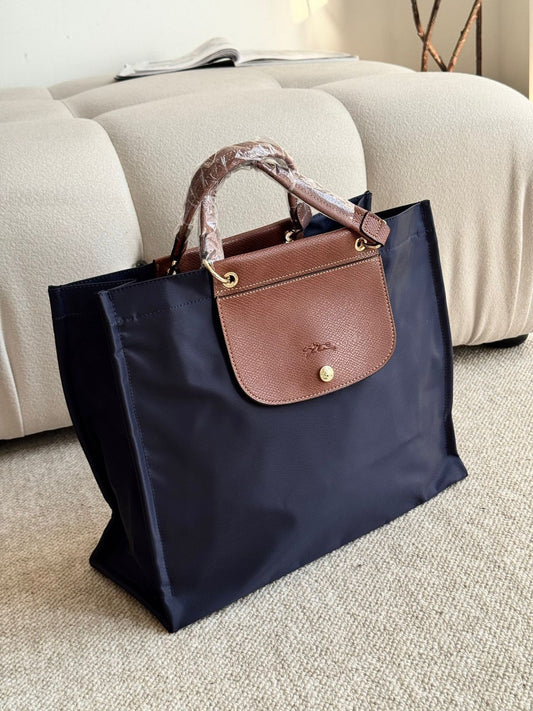 Longchamp Le Pliage Original Tote – Navy with Cognac Leather