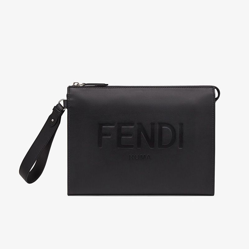 Cuero | Flat Pouch In Roma Logo Calf Leather Black