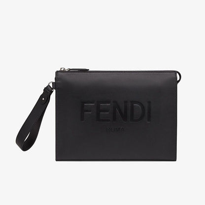 Cuero | Flat Pouch In Roma Logo Calf Leather Black