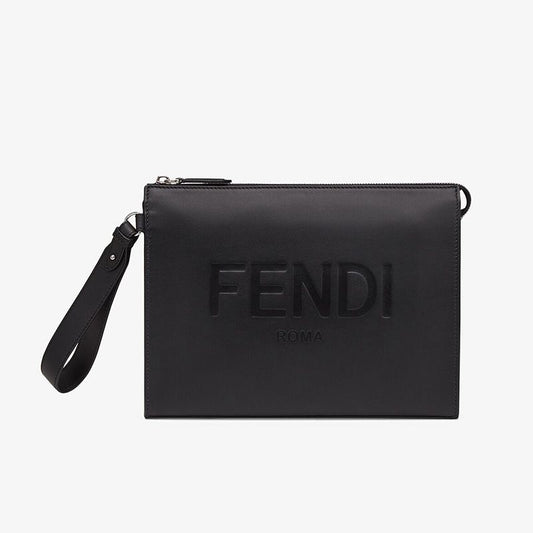 Cuero | Flat Pouch In Roma Logo Calf Leather Black
