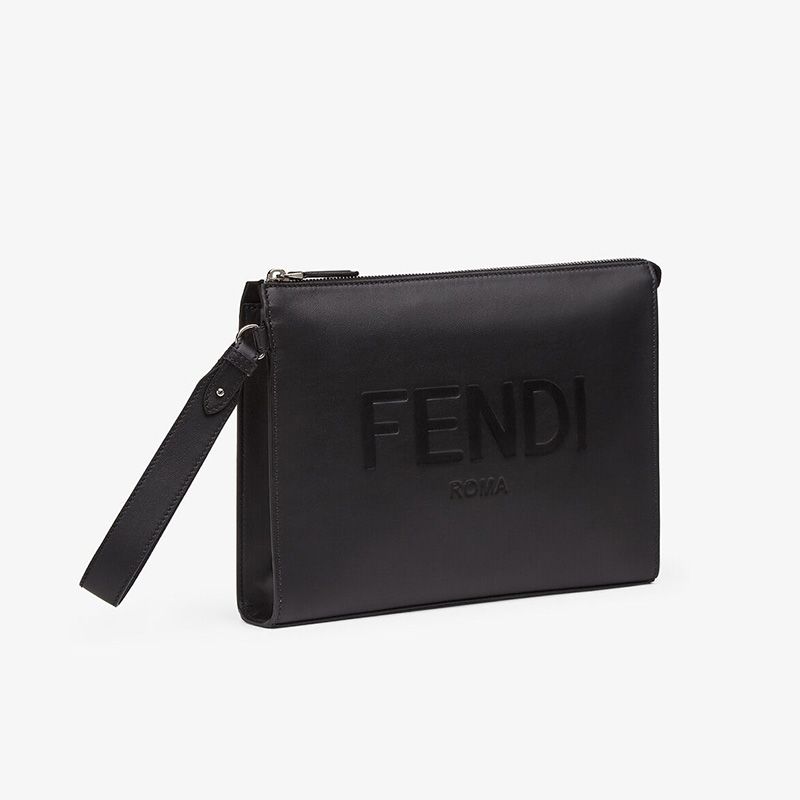 Cuero | Flat Pouch In Roma Logo Calf Leather Black