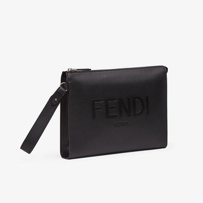 Cuero | Flat Pouch In Roma Logo Calf Leather Black