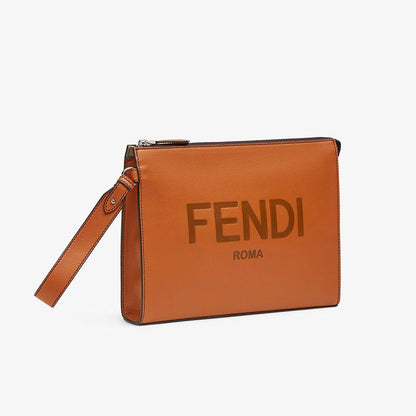 Cuero | Flat Pouch In Roma Logo Calf Leather Brown