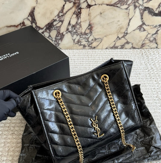 YSL Niki Shopping Tote – Black chevron quilted leather tote