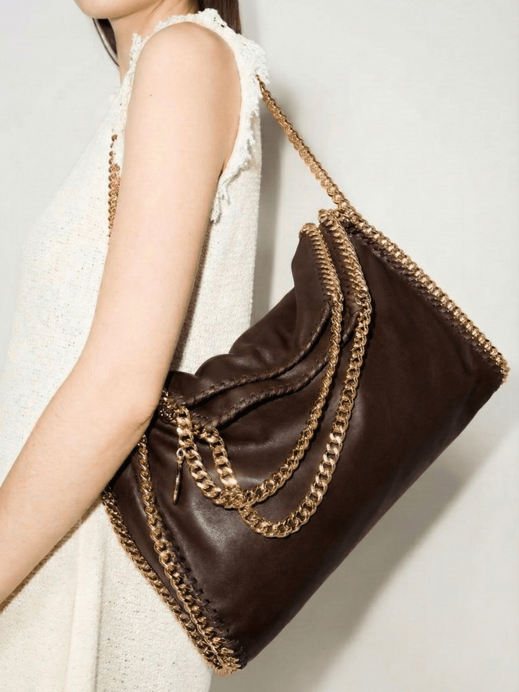 Stella McCartney Falabella Tote Bag – Brown Leather with Gold Chain Trim