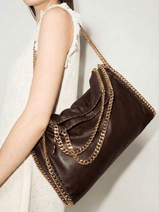 Stella McCartney Falabella Tote Bag – Brown Leather with Gold Chain Trim