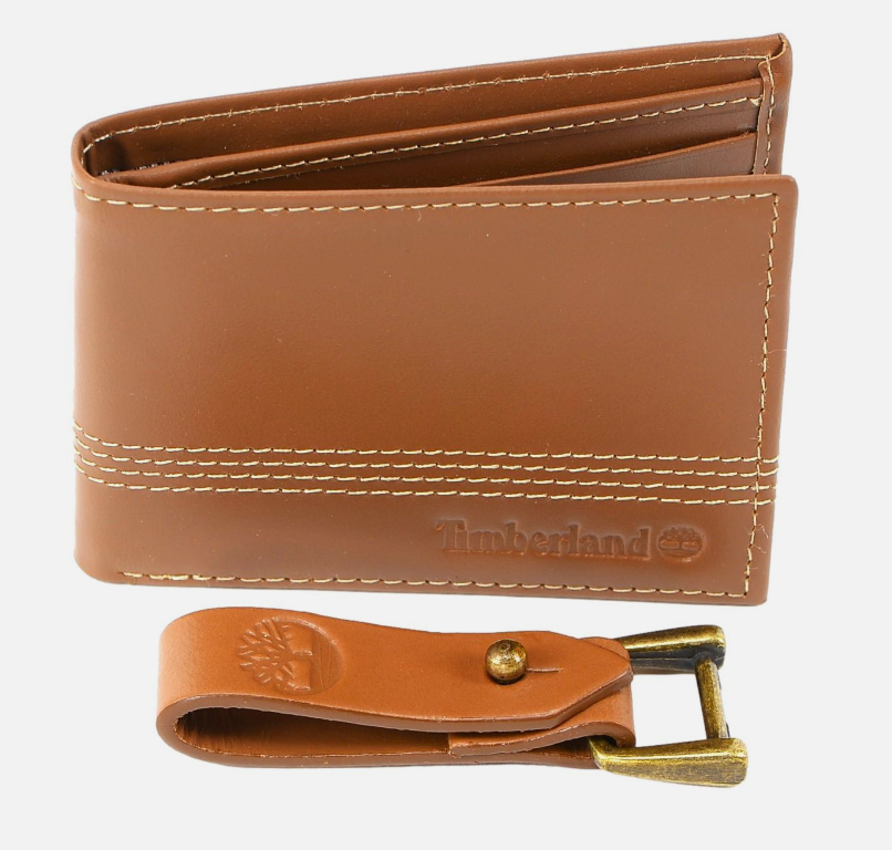 Cuero | Original Timberland Men's Genuine Leather Bifold Wallet with Leather Key FOB