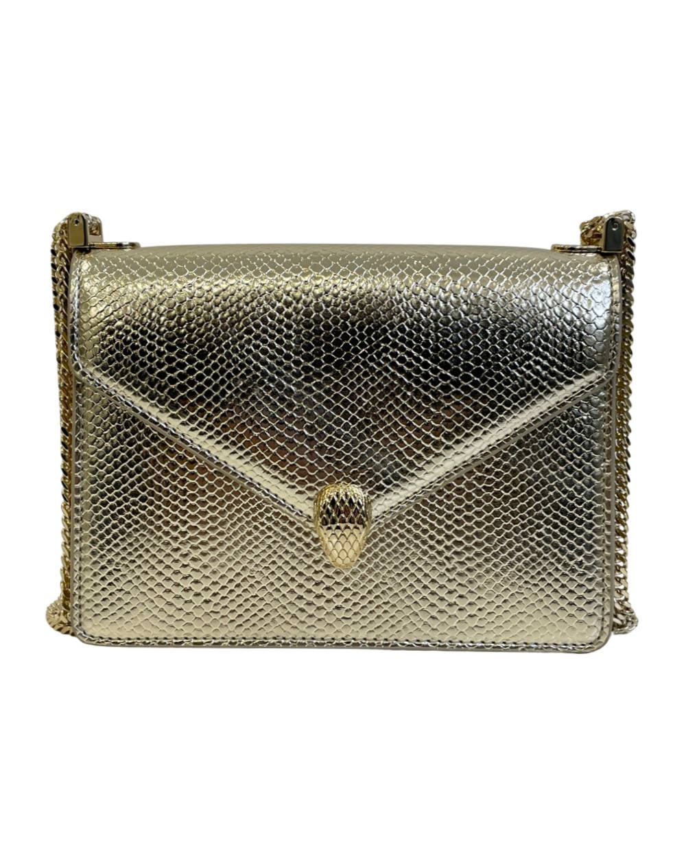 Cuero | Bvlgari Womens Gold Serpenti Forever Leather Shoulder Bag
