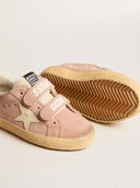 Old School Young in pink suede with cream leather star and heel tab