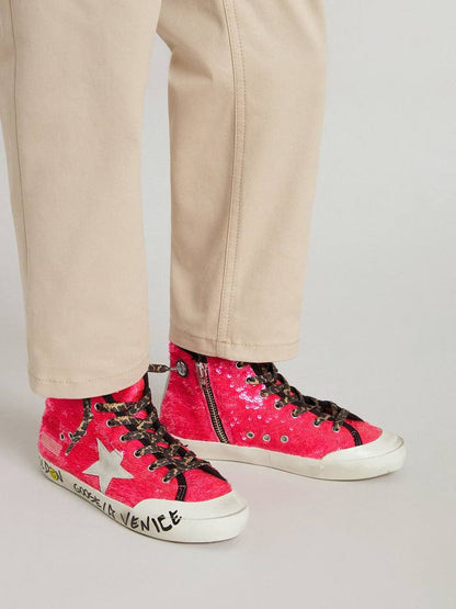 Cuero | Junior Francy in sequins with ice-gray suede star and animal-print laces