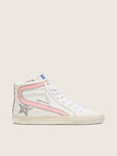 Women's Slide in white leather with silver glitter star and pink leather flash