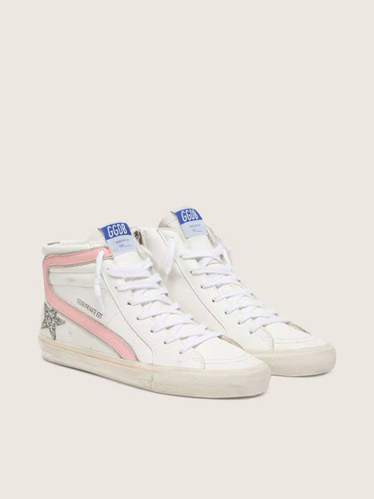 Cuero | Women's Slide in white leather with silver glitter star and pink leather flash