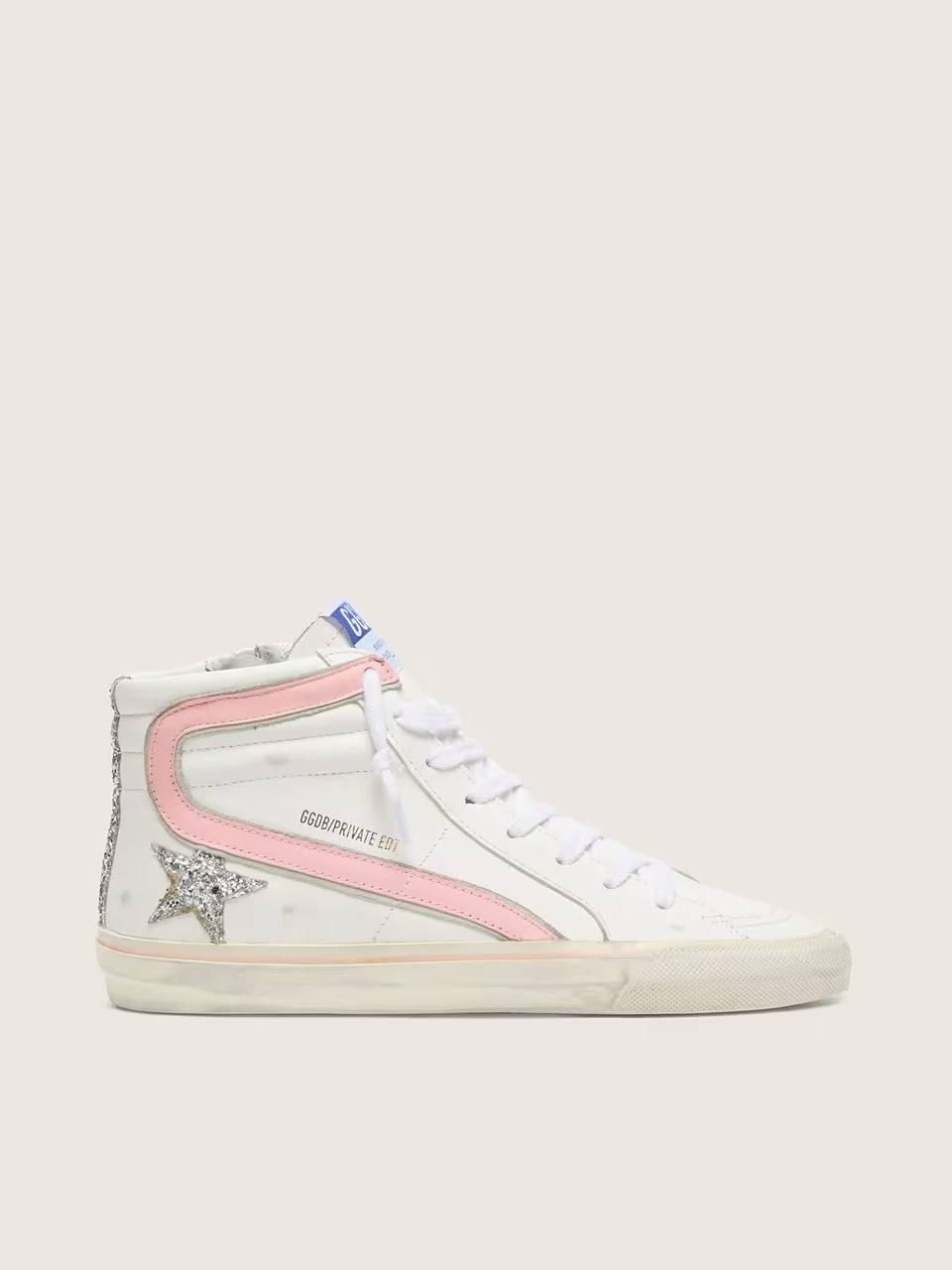 Cuero | Women's Slide in white leather with silver glitter star and pink leather flash