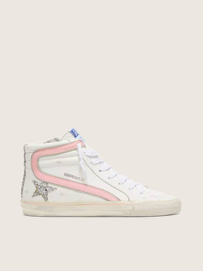 Cuero | Women's Slide in white leather with silver glitter star and pink leather flash