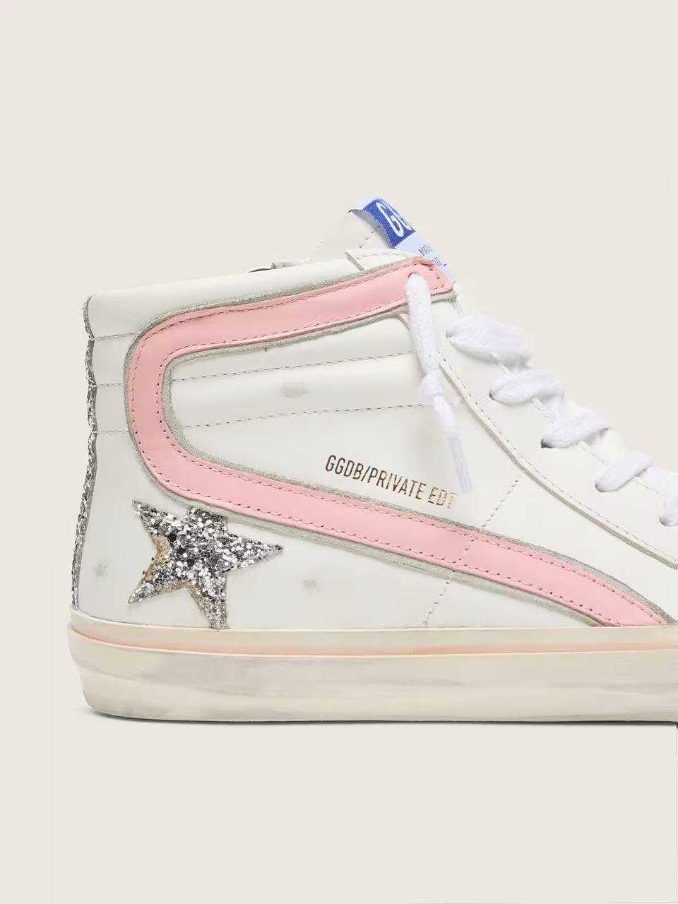 Cuero | Women's Slide in white leather with silver glitter star and pink leather flash