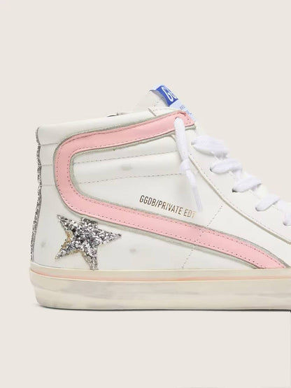 Cuero | Women's Slide in white leather with silver glitter star and pink leather flash