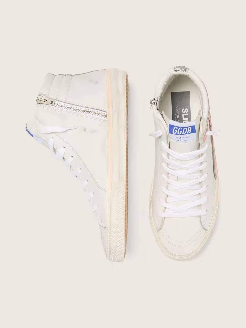 Cuero | Women's Slide in white leather with silver glitter star and pink leather flash